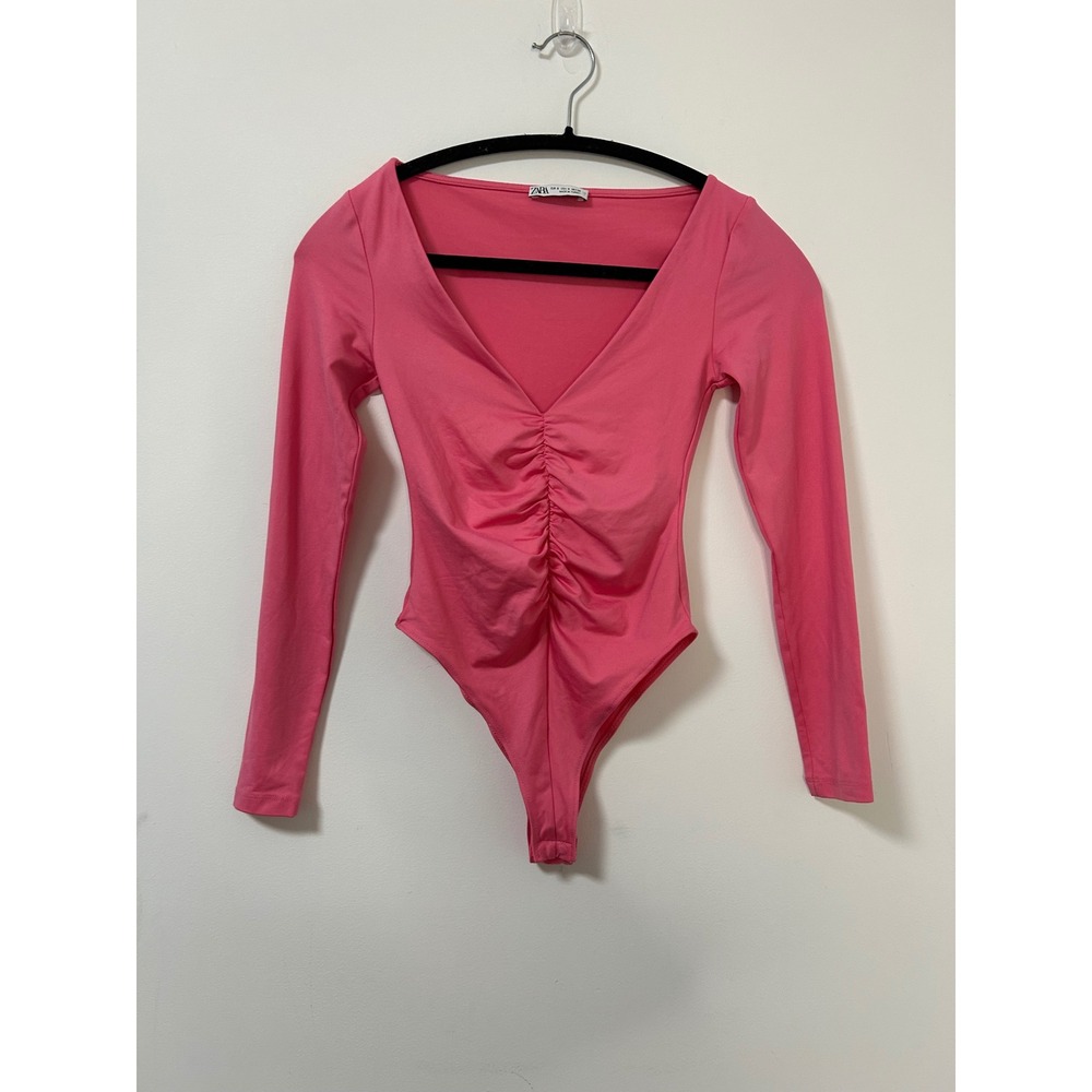 ZARA Pink Ruched V Neck Long Sleeve‎ Bodysuit Women's Size Small Disco Cocktail